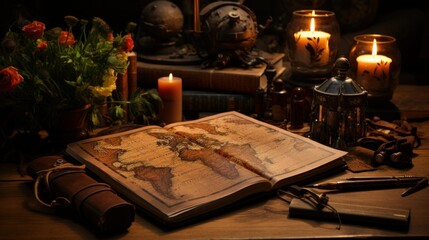 Sticker - Presentation background, leather table, old map, notebook