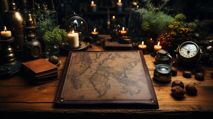 Sticker - Presentation background, leather table, old map, notebook