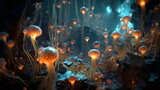Fototapeta Kwiaty - fantasy miniature glowing mushroom landscape made with generative ai 