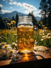 Poster - Photography, cold beer in a glass standing on a meadow, sunny day with a cloudy blue heaven and forest in the background