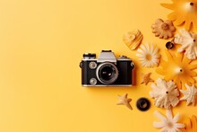 Top View Of Retro Camera With Flowers And Seashells On Yellow Background