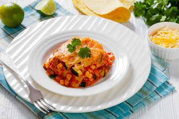 Poster - enchilada casserole with veggies, corn, pinto bean