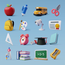 Set Of Education 3d Icons, Back To School Concept.
