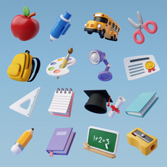 set of education 3d icons, back to school concept.