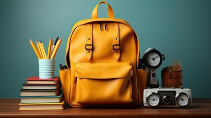 School desk with school accessory and backpack, back to school on isolated background, 3D Illustration