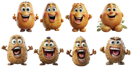 collection of happy, smiling and angry potatoes figures, cartoon characters on a transparent backgro