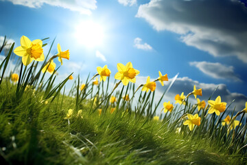 Yellow daffodils on a green meadow with blue sky, spring background