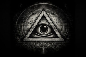 Eye of Providence. An eye enclosed in a triangle. God is watching mankind. Black background with signs. Generative Ai