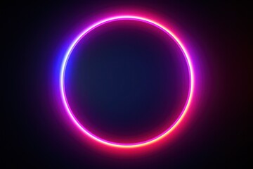 Neon blue pink round frame ring, circle shape glowing light with dark background. 80's retro style, copy space