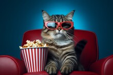 Cat Watching 3D Movie With Popcorn Sitting In Red Armchair.