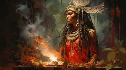 shaman woman in the forest performs a ritual