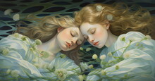 Two Blonde Nymph Women Sleeping With Flowers Renaissance Oil Painting Made With Generative Ai 