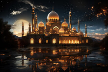 Beautiful Mosque At Night For Islamic New Year, Eid-al-Fitr, Eid-al-Adha, Muslim Celebration
