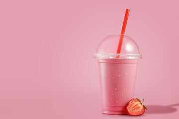 Canvas Print - strawberry milkshake in disposable plastic glass with straw on pink background