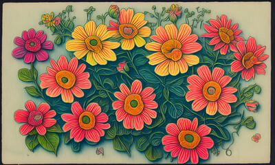 Canvas Print - Flowers bouquet on old vintage postcard, Generative AI Illustration