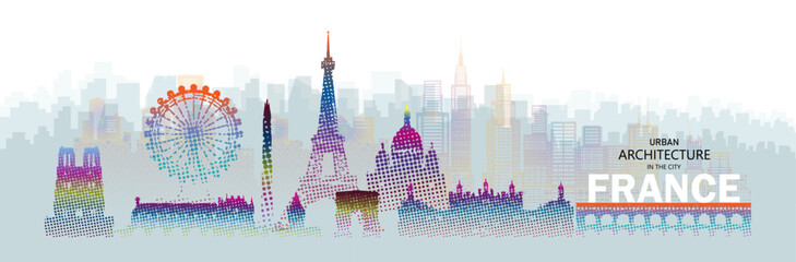 Wall Mural - Travel architecture silhouette in France, paris, seine with colorful halftone style.