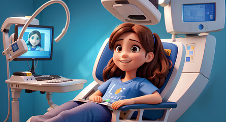 A smiling, positive teenage girl is sitting in a dentist's chair, in a hospital, a specialist has a procedure for examining teeth in a 3d cartoon style