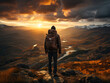 Sport, tourism, and hiking concept. Hiker stands on hilly viewpoint, enjoying valley view. Traveling on hill peaks landscape. Watching sunset. Generative AI..