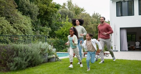 Wall Mural - Family, running and children outdoor in backyard for playing, happiness and bonding at home. Young latino woman, man and happy kids at a playground while on holiday or vacation for a fun activity