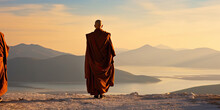 Buddhist Monk Standing In A Beautiful Valley