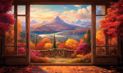 Wall Mural -  a painting of a window with a view of a mountain.  generative ai