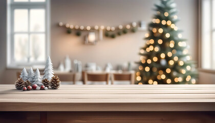 Wall Mural - Wood dining table with copy space and christmas tree in the background