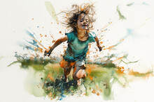 Watercolor Painting Of A Little Girl Running Through Green Meadow - Generative AI