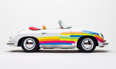 Sticker -  a white car with a rainbow paint job on it's hood.  generative ai