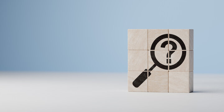Wall Mural -  - Question mark symbol on wooden cubes on blue background. question mark under magnifying glass. Problem, solution, confusion counseling.