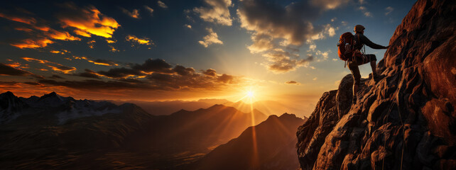 Hiker on the top of a mountain in the rays of the rising sun, banner, background