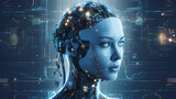 Fototapeta Nowy Jork - Artificial intelligence in humanoid head with neural network thinks. advanced artificial intelligence for the future rise in technological singularity