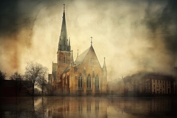 Wall Mural - Vintage picture of a Church in a city