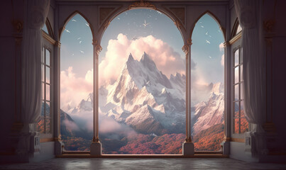  a window with a view of a snowy mountain and clouds.  generative ai