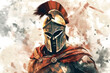 illustration of spartan king demigod in golden armor and helmet, holding spear and shield with grunge background. Spartan soldier illustration with helmet and battlefield in background