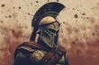 illustration of spartan king demigod in golden armor and helmet, holding spear and shield with grunge background. Spartan soldier illustration with helmet and battlefield in background