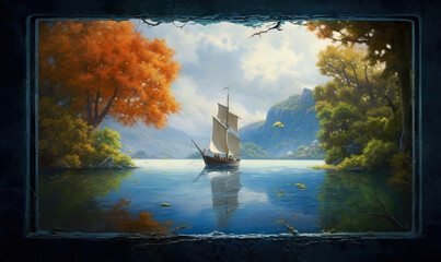 Poster -  a painting of a sailboat on a lake with mountains in the background.  generative ai