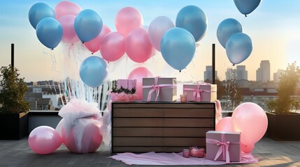 Gender reveal party backdrop large outdoor space decorated with balloons and banners