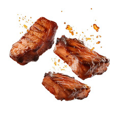 Grill Pork Chops steaks, realistic 3d brisket flying in the air, grilled meat collection, ultra realistic, icon, detailed, angle view food photo, steak composition