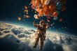 Astronaut soars on balloons in the clouds, funny space man levitates in the sky, funny holiday illustration, generated ai
