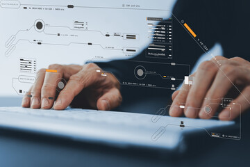 Wall Mural - software developer or programmer coding program with laptop. create intelligence innovation. compute