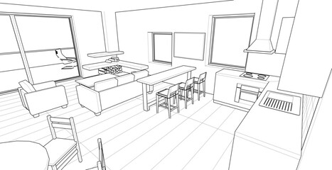 house interior sketch 3d illustration