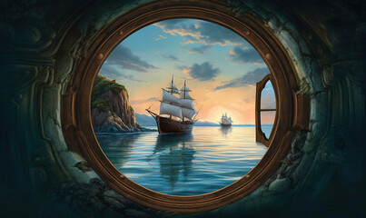 Wall Mural -  a painting of a ship sailing in the ocean through a porthole.  generative ai