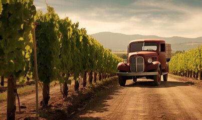 Poster -  an old red truck driving down a dirt road next to a bunch of trees.  generative ai