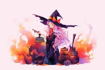 Halloween banner with witch illustration.