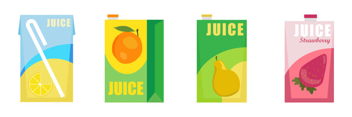 Realistic mockup of pack and box of orange juice. Set of cardboard boxes and packaging for orange juice and drinks, view from different sides. Isolated realistic vector illustration