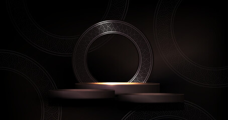 Wall Mural - Dark postcard with a round frame, a round podium with bright illumination