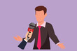 Cartoon flat style drawing young businessman giving an interview in the presence of journalists with microphones. Man gives comments and opinions for breaking news. Graphic design vector illustration