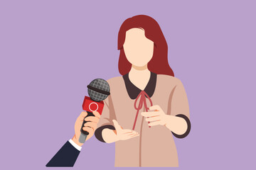 Wall Mural - Cartoon flat style drawing business interview with young girl. Digital journalism. News conference world live tv hands of journalists microphones interview concept. Graphic design vector illustration