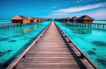Leinwandbilder - The Walkway Leading into the Coconut Huts in the Maldives Island extreme closeup. Generative AI