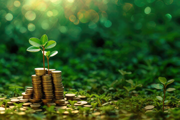 Poster - Wealth Business Concept. New Tree Growing in a Stacks of Coins extreme closeup. Generative AI